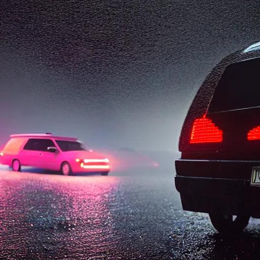 Prompt: late night, rain, hearse, driver with bright red glowing eyes