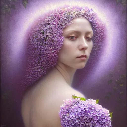 Prompt: portrait of a lilac hair beautiful goddess of light through hydrangeas flowers, soft rose, and dried petals, painterly, methaphoric, intricate and elegant, highly detailed photorealistic painting, decorative lines, sharp focus, 8 k, by tomasz alen kopera, h 6 6 0