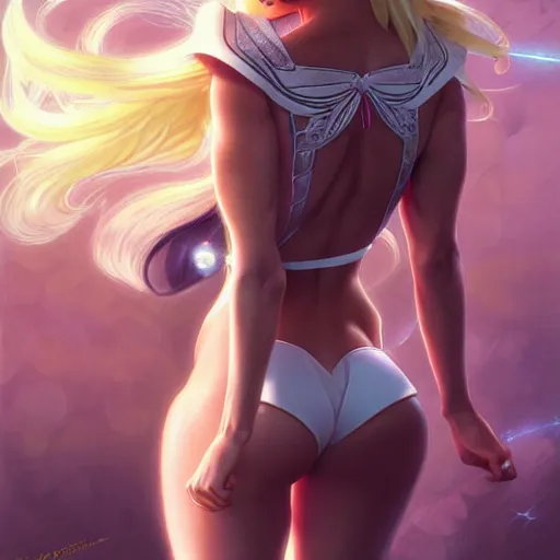 Prompt: Blonde Adriana Lima as Sailor Moon, western, D&D, fantasy, intricate, elegant, highly detailed, digital painting, artstation, concept art, matte, sharp focus, illustration, art by Artgerm and Greg Rutkowski and Alphonse Mucha