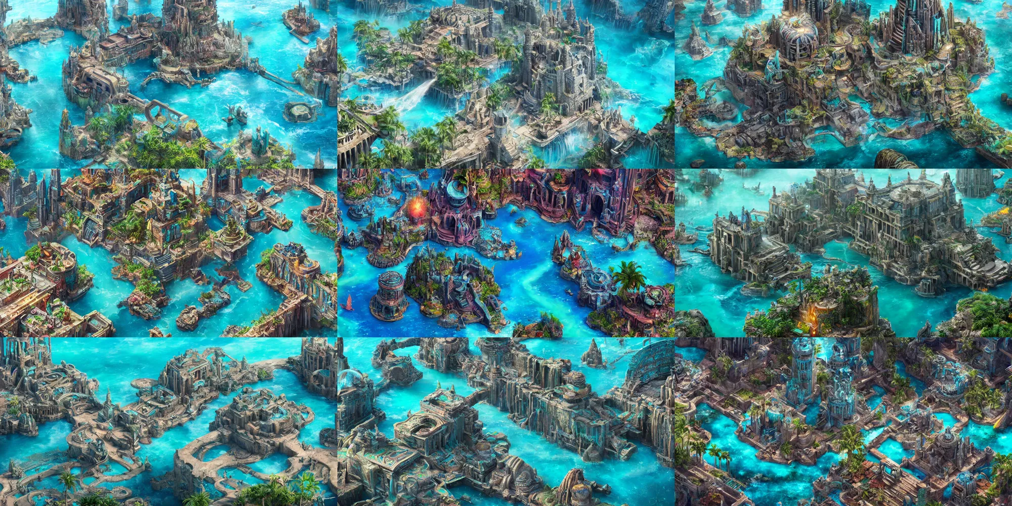 Prompt: Lost city of Atlantis surrounded by oil slick, Disney, colorful cool tones, fantasy art, trending on artstation, hyper real, detailed, octane render, 8k,