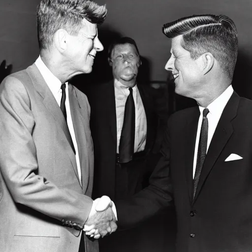 Prompt: a black and white photo of president kennedy shaking hands with a space alien