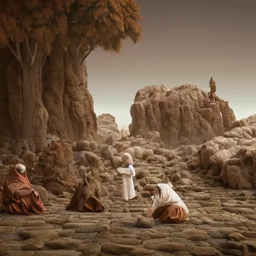 Prompt: stone priest in brown robes tending to his flock of granite children hyperrealistic, octane render intricate detail, ultra detail, in the style of moebius having a seizure in his mindpalace.