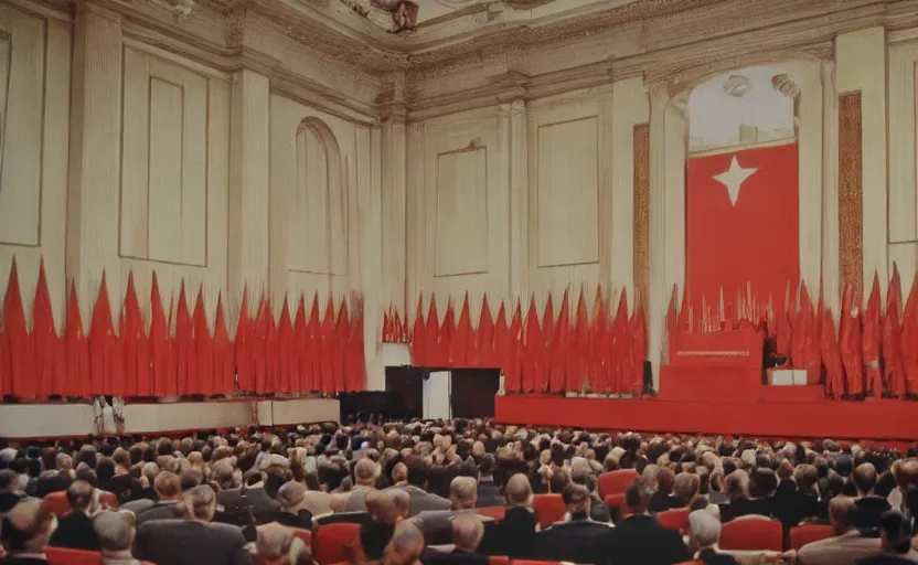 Prompt: 60s movie still of a CCCP congress with soviet flags and a bronze statue of Karl Marx stanilist style palace interior, by Irving Penn , cinestill 800t 35mm eastmancolor, heavy grainy picture, very detailed, high quality, 4k, HD criterion, precise texture