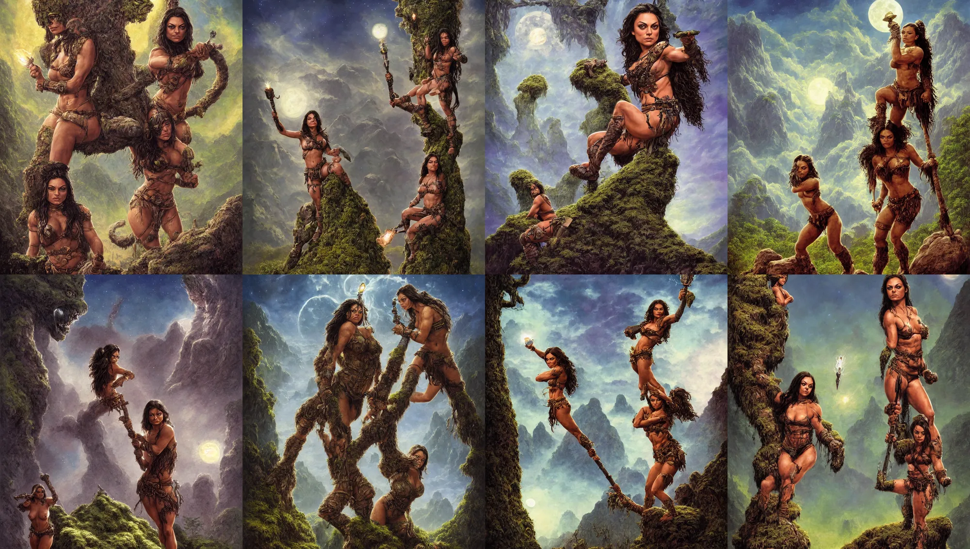 Image similar to face portrait of mila kunis as muscled amazon warrior posted on a large mossy rock holding a torch, full moon, moon rays, beautiful epic vista, flowing hills, far desert, fireflies, eerie sky, frank frazetta, alex horley, ralph horsley, michael whelan