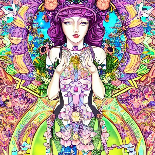 Prompt: NeoPagan Goddess of Spring, inside her temple, in a blended style by Junko Mizuno, Möbius, and Peter Chung, hyper detailed, 4k photorealistic digital art, flat colors, dramatic composition, extremely fine inking lines