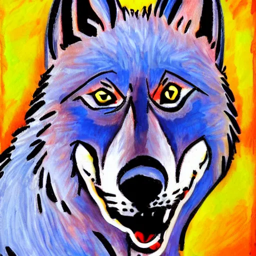 Image similar to retarded funny wolf portrait, expressionism style