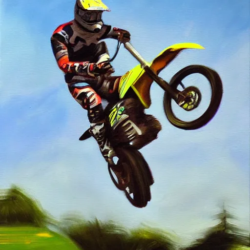 Prompt: motocross rider on dirt jump, painting by jerome bosch