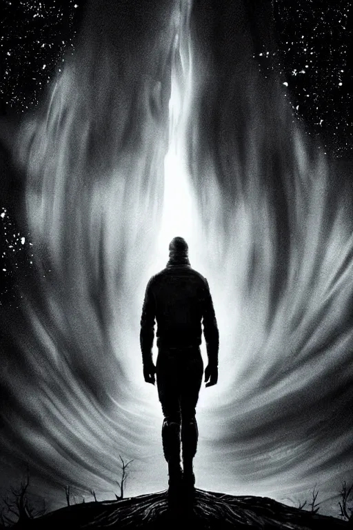 Image similar to into the unknown, whats at the edge of the universe, dark and moody, high detail, extremely sharp detail, cinematic, movie style