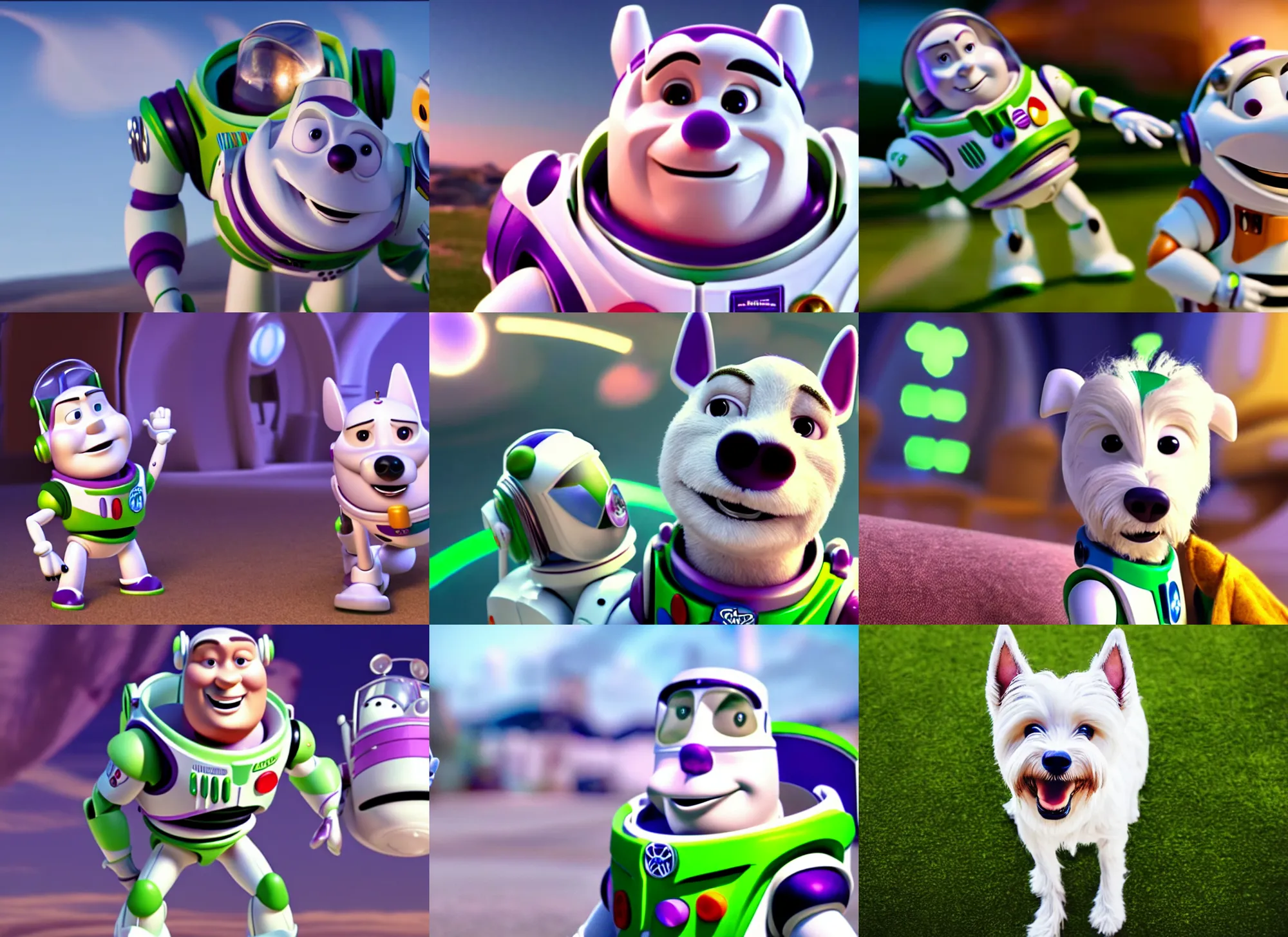 Prompt: film still of anthropomorphic anthropomorphic westie as buzz lightyear in lightyear ( 2 0 2 2 ), 4 k