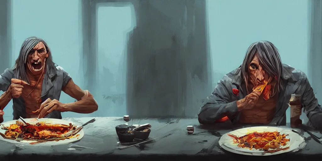 Image similar to cartoonish iggy pop eating dinner, vivid colors, character sheet, fine details, concept design, contrast, kim jung gi, greg rutkowski, trending on artstation, 8 k, full body, turnaround, front view, back view, ultra wide angle