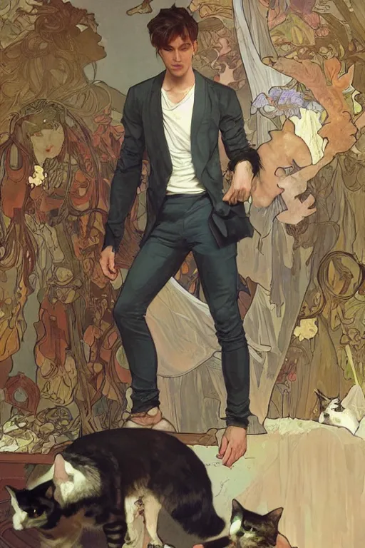 Image similar to full body portrait of a single beautiful young fit man, modern haircut, open shirt, large pants. by greg rutkowski and alphonse mucha, d & d character, in front of a modern room background full of resting cats, highly detailed portrait, digital painting, artstation, concept art, smooth, sharp focus illustration, hq