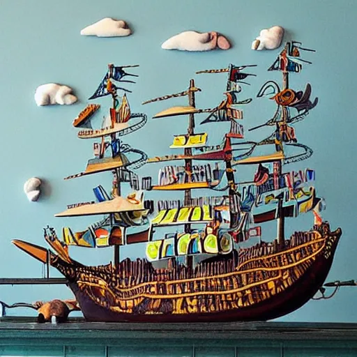 Image similar to by ed roth stormy. a installation art of a tall ship sailing through a cityscape. the ship is adorned with intricate details, while the cityscape is filled with towering palaces & other grand buildings.