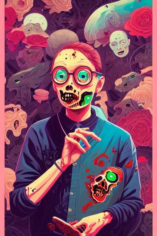 Image similar to a zombie teenager staring at their phone, tristan eaton, victo ngai, artgerm, rhads, ross draws