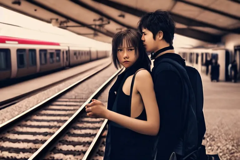 Image similar to vfx movie closeup couple in a train station flat color profile low - key lighting award winning photography cinematography, beautiful natural skin, atmospheric cool color - grade