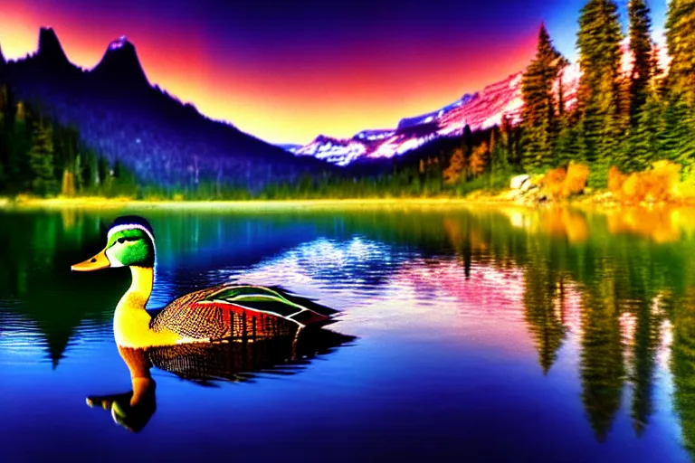 Prompt: a colorful fantasy mallard floating on an alpine lake in the mountains, cascadia, cabin, mountains, sunset by bob ross