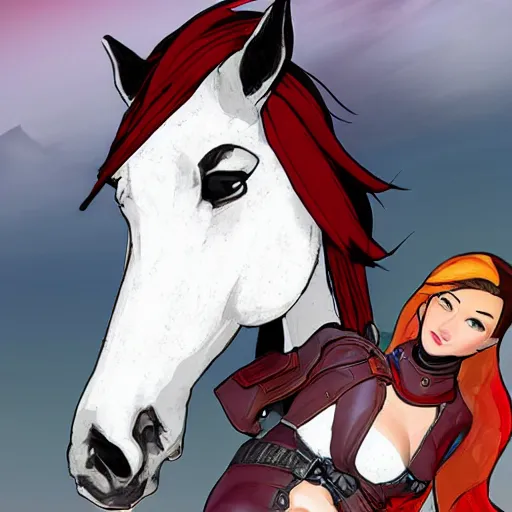 Prompt: widowmaker overwatch in the desert riding on a horse, black and red jacket, collar around neck, very detailed face, feminine face, full body