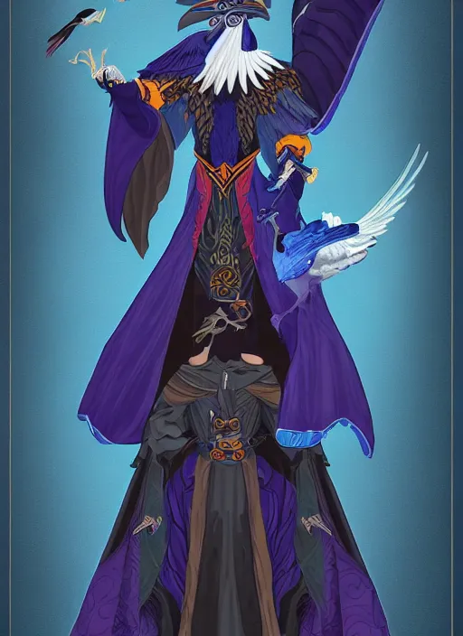 Image similar to hawk and raven headed warlock, wind magic, blue robes, exquisite details, full body character design on a white background, by studio muti