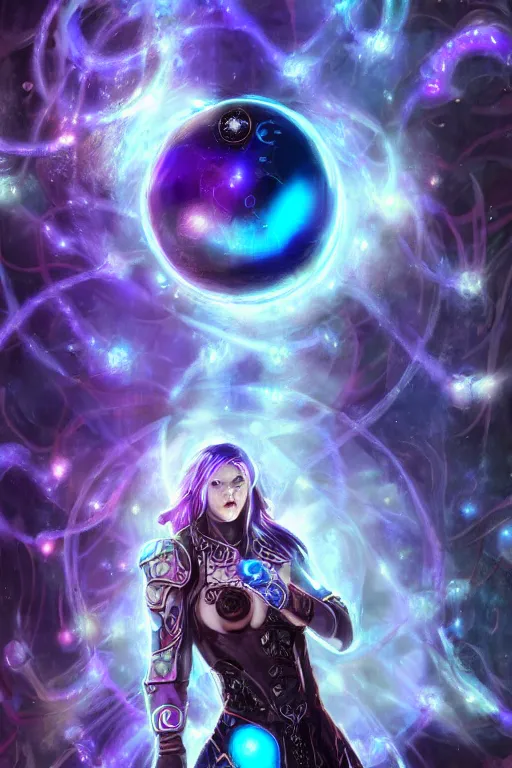 Image similar to Path of Exile, Maven, blue eyes female image with silver purple hair among colourful lights, dark blue spheres fly around, Anachronism, painting, dark fantasy, steampunk, 4k