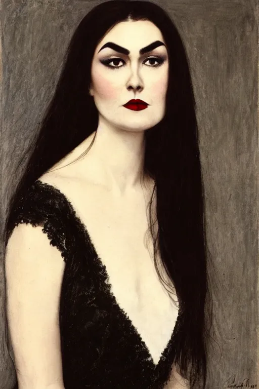 Image similar to upper body portrait sasha grey as morticia addams by alfred stevens