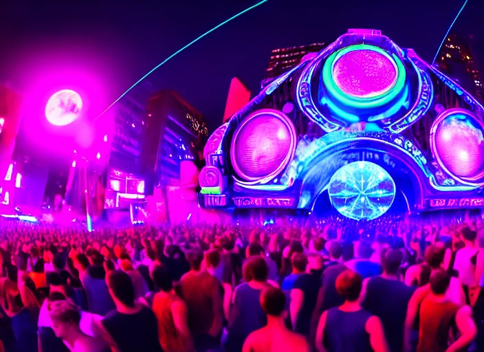 Prompt: a music festival in neon street in new york downtown with street lamp neon laser show, highly detailed crowd of people, 5 dj stages in the style of tomorrowland, highly symmetrical, purple moon with powerful aura, massive scale, highly detailed, intricate fine lines, hd, unreal engine