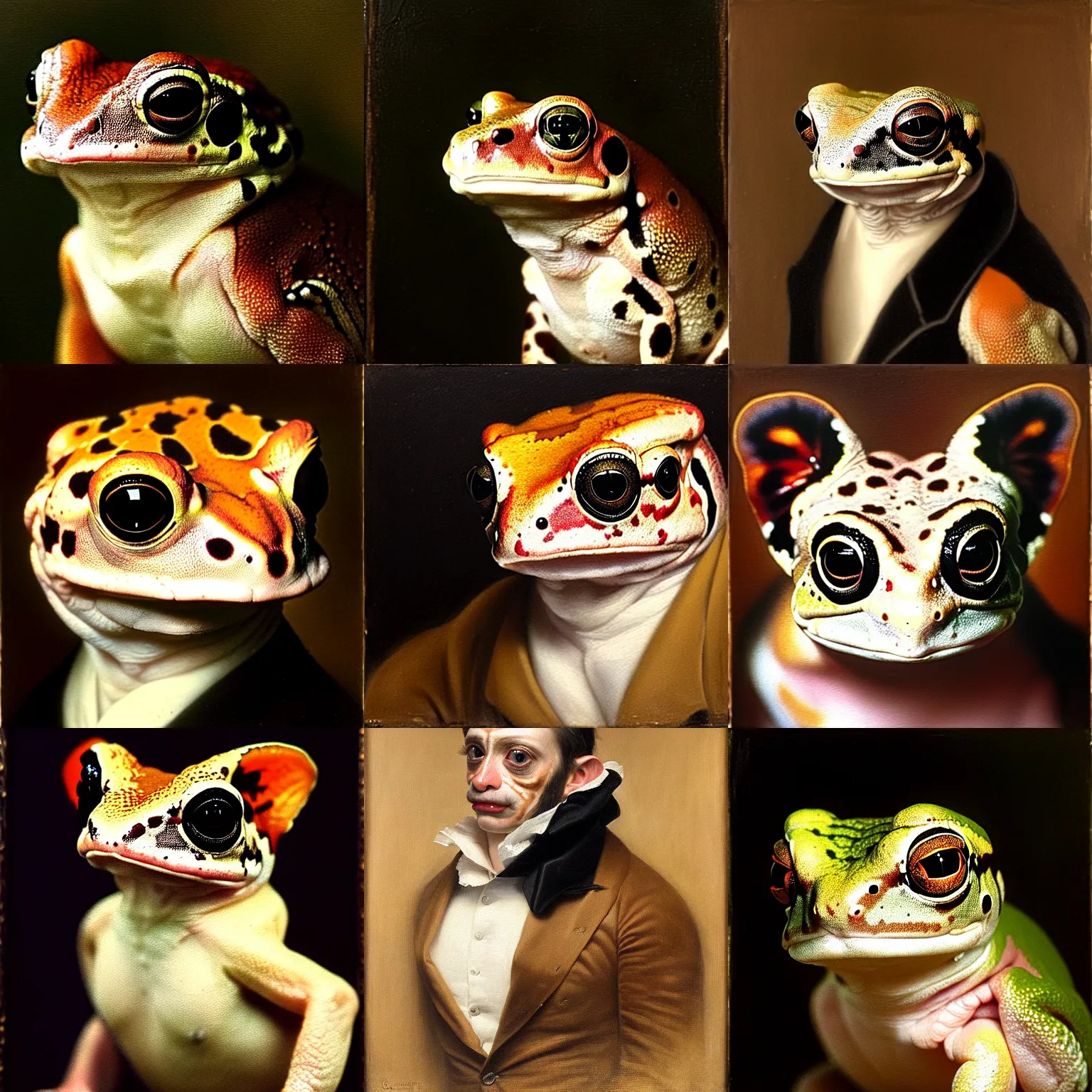 Prompt: a head - and - shoulders portrait of an amazon milk frog looking off camera wearing a black jacket with a tan vest and white ascot, an american romanticism painting, a portrait painting, cgsociety, soft focus, oil on canvas