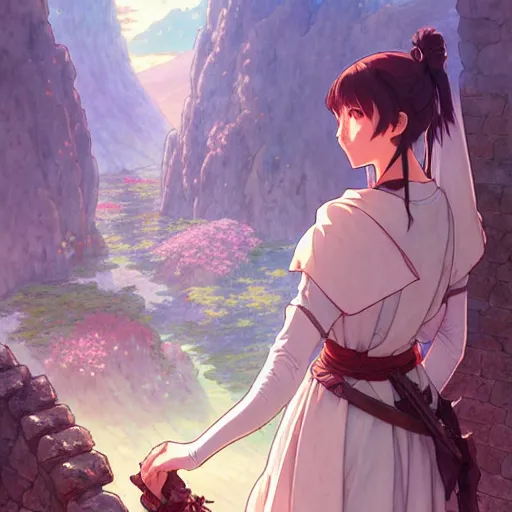 Image similar to the knight and the sword of rose petal, anime, castle core, mountains, rocky roads. by hayao miyazaki and rossdraws and artgerm and greg rutkowski and alphonse mucha and studio ghibli and ilya kuvshinov. high quality, stunning, intricate detailed environment. 8 k