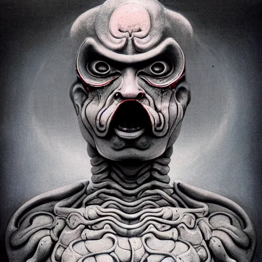 Image similar to naraka buddhist demon korean, happy female alien, tubular creature, blood vessels, no face, dystopian surrealism, alex ries zdzisław beksinski, symmetrical long head, smooth marble surfaces, smooth marble surfaces, detailed ink illustration, detailed ink illustration, raiden metal gear, cinematic smooth stone, deep aesthetic, concept art, intricate