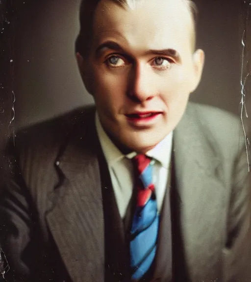 Image similar to portrait of a man in a suit with blindingly glowing white head, vintage technicolor film photo, grainy, high detail, high resolution