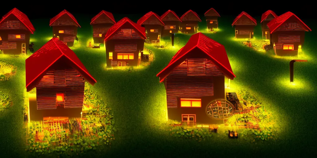 Prompt: connected ecovillage houses with solrarrofs, very big red bee and a neon cow is flying around - plant goddess high quality photo, microchip, artificial intelligence, bio - mechanical bio - luminescence, black wired cables, neurons, nerve cells, cinematic, rim light, photo - realistic, elegant, high detail, 8 k, in the style of man ray