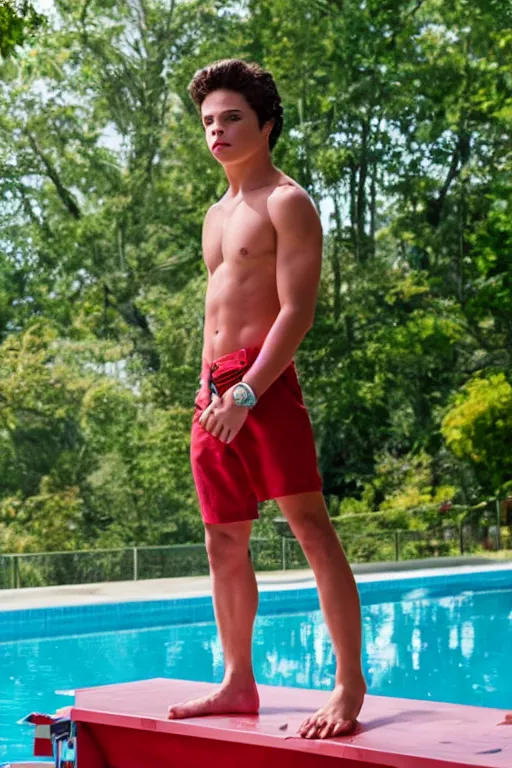 Prompt: skinny young jake t. austin standing on the diving board, red weapon 8 k s 3 5, cooke anamorphic / i lenses, highly detailed, cinematic lighting