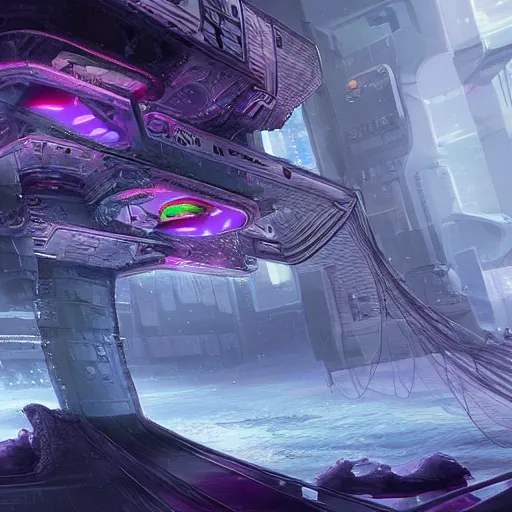 Image similar to Hyperrealistic futuristic lovecraftian, eldritch, cyberpunk space station