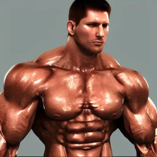 Image similar to a realistic detailed photo of a bodybuilder who is also a male android, Chris Redfield, shiny skin, posing robotically. blank stare