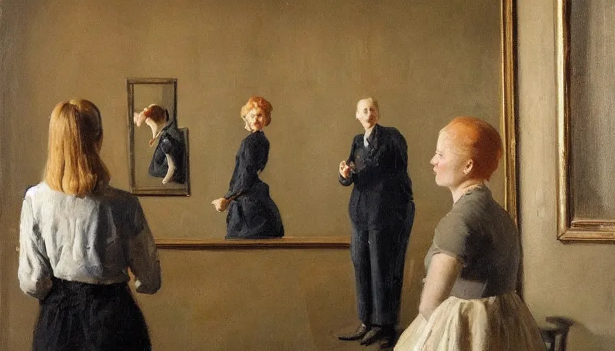 Prompt: painting by borremans, man back standing in front on the mirror in opera theatre and blond hairs woman with fish tank, detailed, stunning