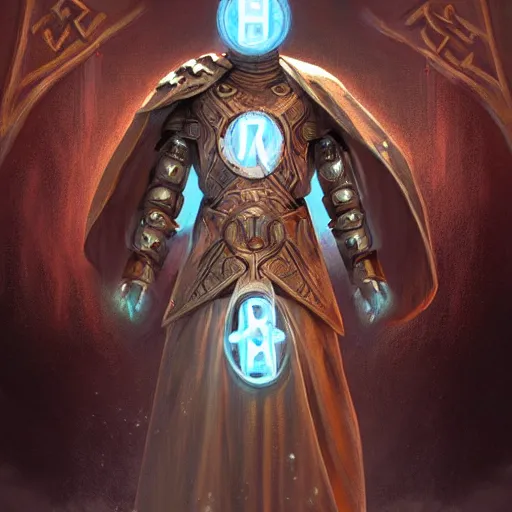 Image similar to beautiful magical warforged construct humanoid wood steel holy warrior cleric crusader runes norse runes germanic warforged tunic hooded cloak runic, glowing eyes, intricate, elegant, highly detailed, digital painting, artstation, concept art, smooth, sharp focus, illustration, art by artgerm and greg rutkowski and alphonse mucha and loish and wlop