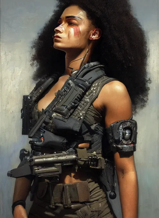 Prompt: buff Juliana. beautiful cyberpunk soldier wearing a military vest and military jumpsuit (cyberpunk 2077). gorgeous african face and afro. Iranian orientalist portrait by john william waterhouse and Edwin Longsden Long and Theodore Ralli and Nasreddine Dinet, oil on canvas. Cinematic, hyper realism, realistic proportions, dramatic lighting, high detail 4k