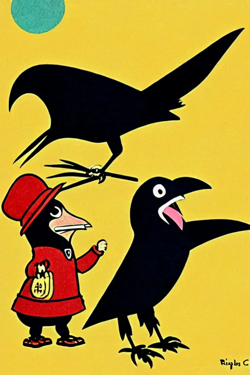 Image similar to by richard scarry. a raven laughing at a scarecrow. a 1 9 5 0 s retro illustration. studio ghibli. muted colors, detailed