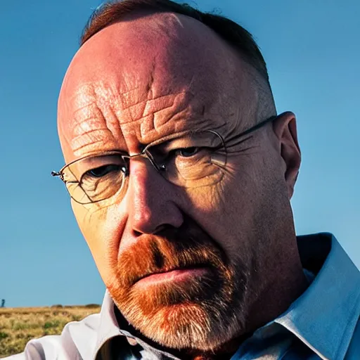 Image similar to Live Action Still of Alex Jones dressed as and playing Walter White in Breaking Bad, real life, hyperrealistic, ultra realistic, realistic, highly detailed, epic, HD quality, 8k resolution, body and headshot, film still