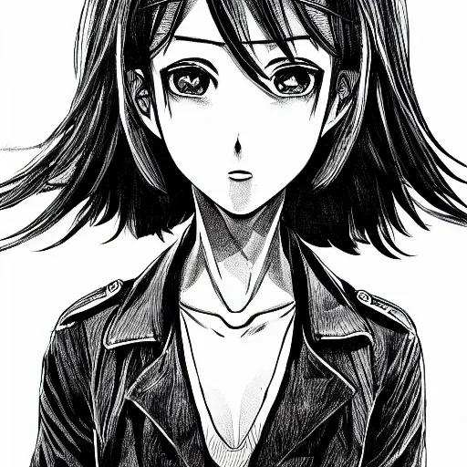Prompt: manga style, black and white, intricate line art, portrait of a girl, shoulder eyes, trench and sandbags in background, soldier clothing, short hair, hair down, symmetrical facial features, round face, draw on paper, detailed drawing, by ito junji