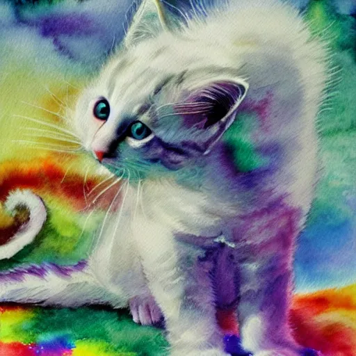 Prompt: a white kitten passing through a prism and becoming kittens of every color of the rainbow, fantasy watercolor,