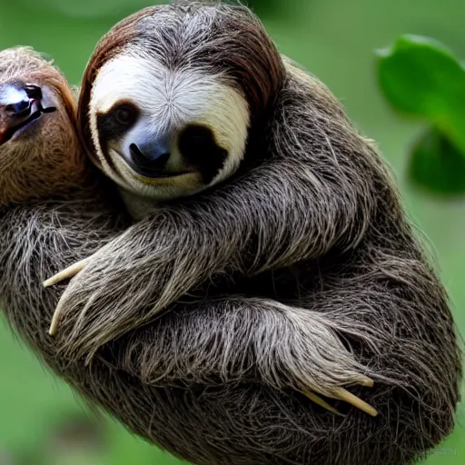 Prompt: a sloth hugging his turtle friend
