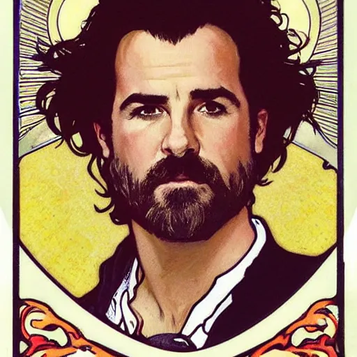 Prompt: justin theroux portrait by louis - theophile hingre and alphonse mucha, realistic, sharp focus, zodiac signs, tarot cards, planets, ethereal, art nouveau, magic, moon, sun, crown, dreamy, royal, jewellery