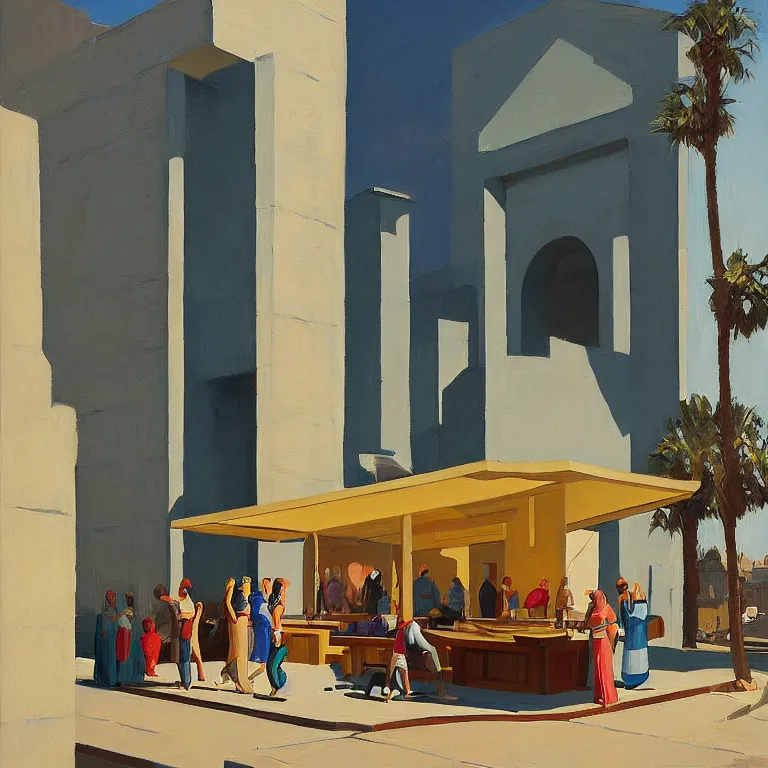 Image similar to apple store opening in ancient Egypt for the pharaoh, painted by Edward Hopper, painted by James Gilleard, airbrush