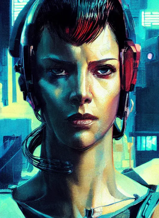 Image similar to cyberpunk female space pilot character ( blade runner 2 0 4 9, dystopian, cyberpunk 2 0 7 7 character design ). attractive face. portrait by james gurney and laurie greasley and yoji shinkawa, oil on canvas. cinematic composition, hyper realism, realistic proportions, anatomy, dramatic lighting, photorealistic, high detail, 4 k