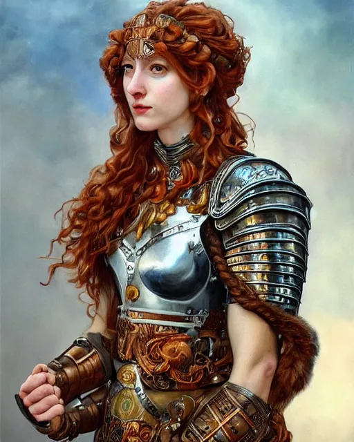 Prompt: Hyper realistic painting of a strong female fighter with beautiful curly shiny copper hair and broad shoulders in a roman armor with cuirass in the style of Alphones Mucha and James Jean, trending on artstation