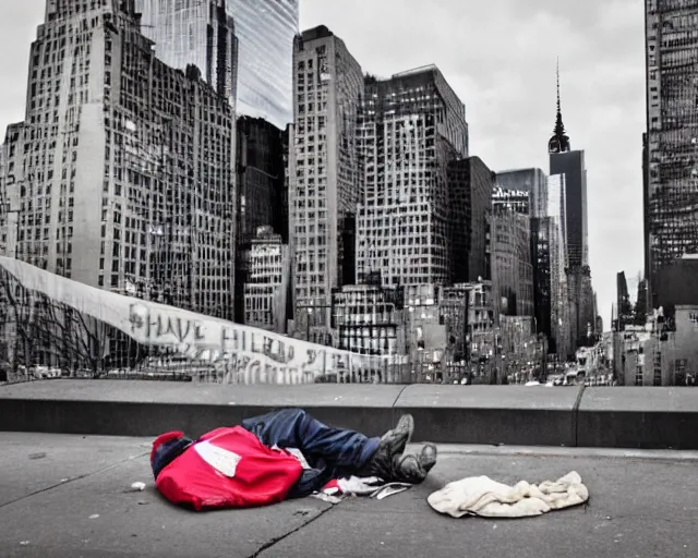 Image similar to a homeless man fly's in the sky. realistic image. new york city candid photo. hyperrealistic