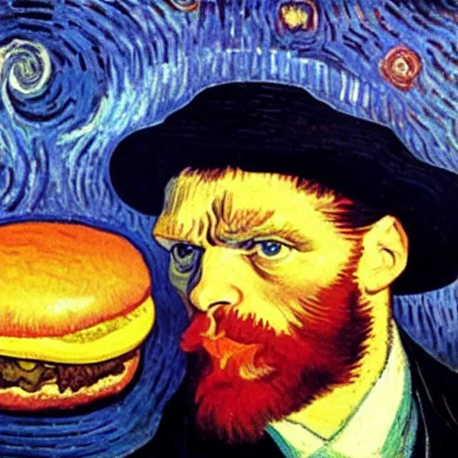 Prompt: portrait of orson welles with a giant hamburger. painting by vincent van gogh, oil on canvas, rich deep colors.