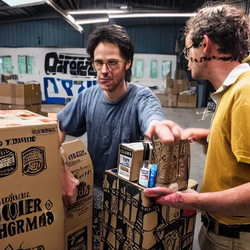 Prompt: a dlsr photo of two hobos creating a time machine from beer bottles and cardboard boxes. symmetry. awesome exposition. very detailed, 5 0 mm lens, professional lighting diffracted lightrays 4 k.