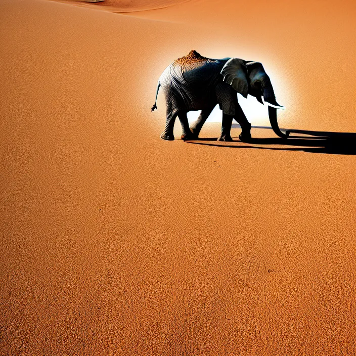 Prompt: photo of an elephant made of sand in the middle of a very sandy desert storm sand, 4 k, hdr, smooth, sharp focus, high resolution, award - winning photo