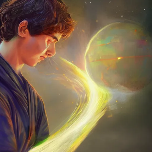 Image similar to a young male mage creating a universe in his PC, hyperrealistic, extremely detailed, award-winning art, trending on Artstation