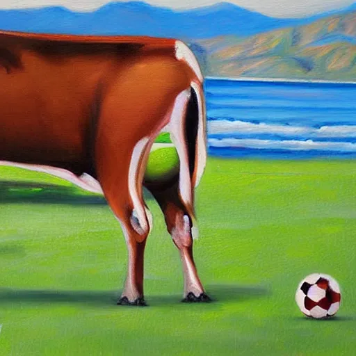 Prompt: A cow playing football with one shoe in Malibu, realism art